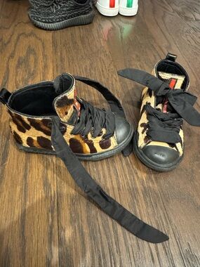 Prada Kids Leopard-Print High-Top Sneakers in Black & Brown